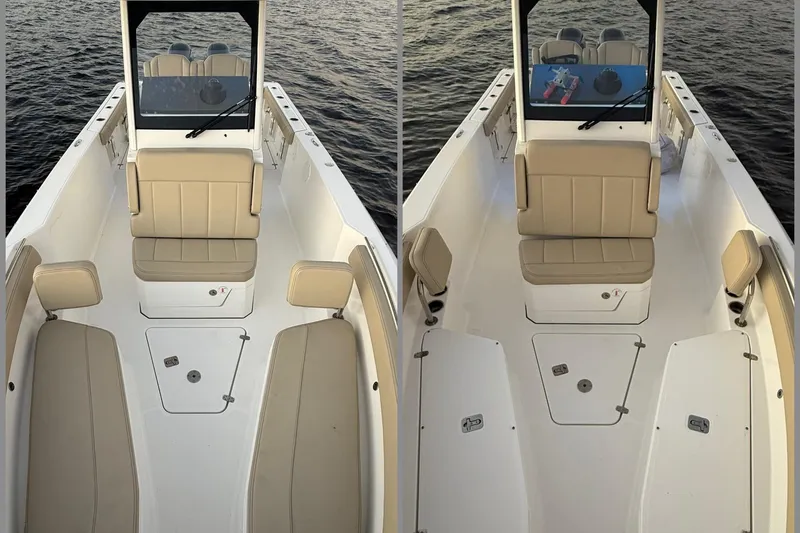 Slide: The Image of 2021 Pursuit S 268 Sport boat interior with beige seating and open deck layout. - 21