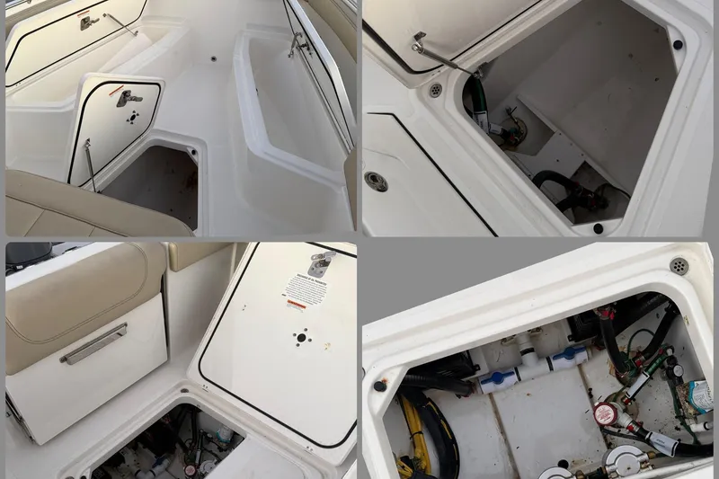 Slide: The Image of 2021 Pursuit S 268 Sport boat storage compartments and interior details. - 22