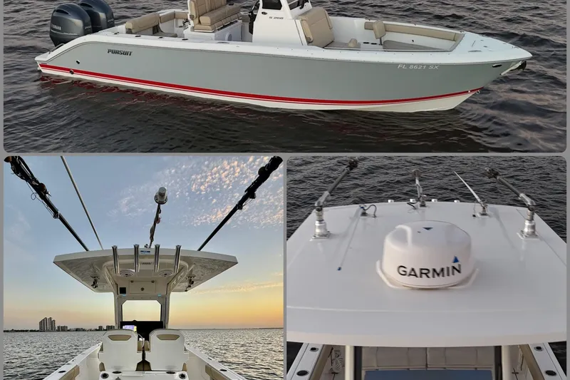 Slide: The Image of 2021 Pursuit S 268 Sport boat on water, featuring Garmin equipment and dual Yamaha engines. - 3