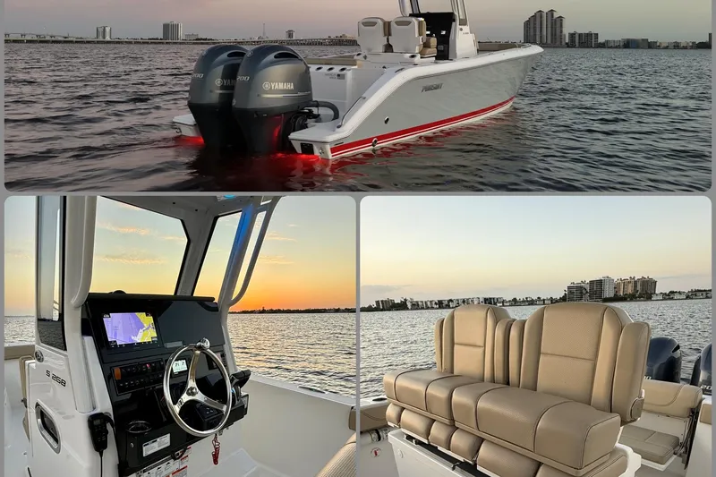 Slide: The Image of 2021 Pursuit S 268 Sport boat on water, featuring dual Yamaha engines and luxurious seating. - 7