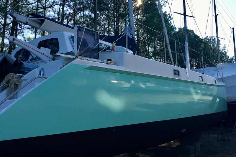 Slide: The Image of 2003 Chris White Atlantic 42 catamaran with mint green hull, docked in a wooded area. - 3