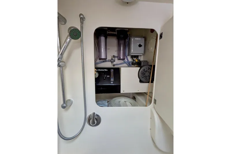 Slide: The Image of Interior of 2003 Chris White Atlantic 42 yacht showing shower and equipment compartment. - 43