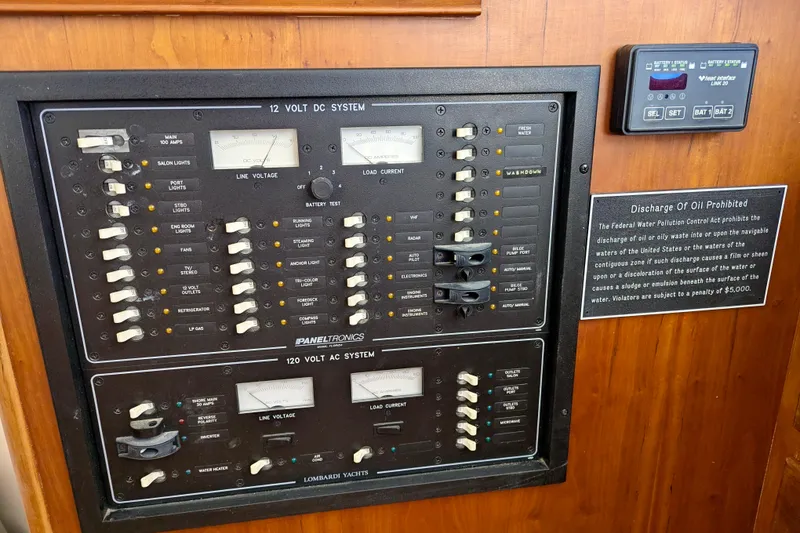 Slide: The Image of Electrical control panel on a 2003 Chris White Atlantic 42 yacht, featuring various switches and gauges. - 70