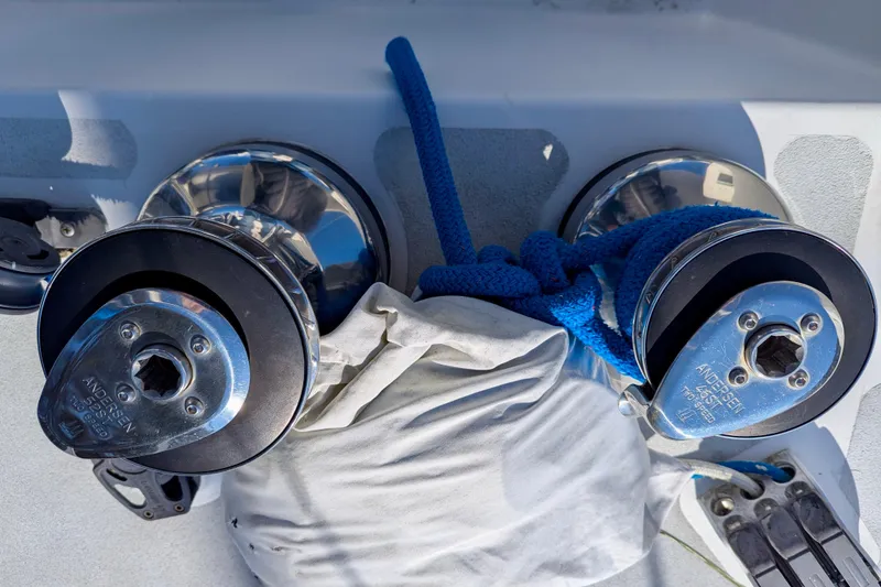 Slide: The Image of Close-up of Andersen winches and blue rope on 2003 Chris White Atlantic 42 sailboat. - 74