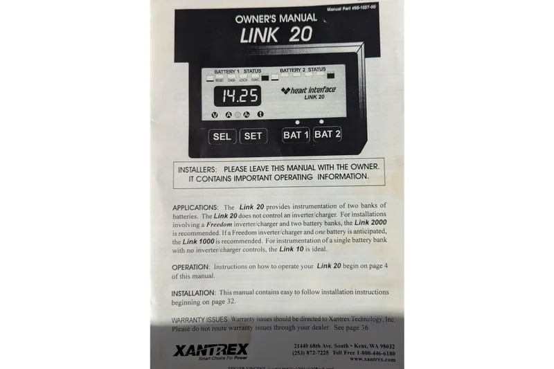 Slide: The Image of Owner's manual for Link 20 battery monitor by Xantrex, featuring installation and operation instructions. - 77