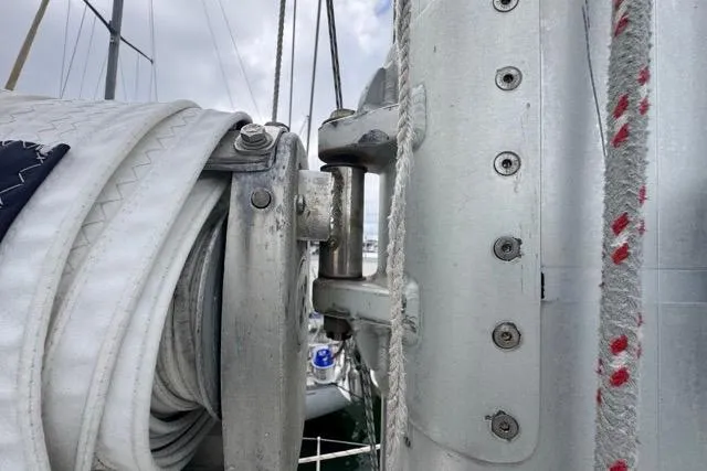 Slide: The Image of Close-up of a 1996 Beneteau 50 sailboat mast and rigging components. - 66