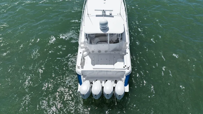 Slide: The Image of Aerial view of 2019 Intrepid 475 boat cruising on open water. - 37