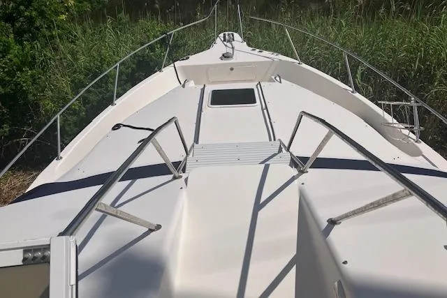 Slide: The Image of 1997 Sea Ray 440 Express boat deck with railing, surrounded by greenery. - 5