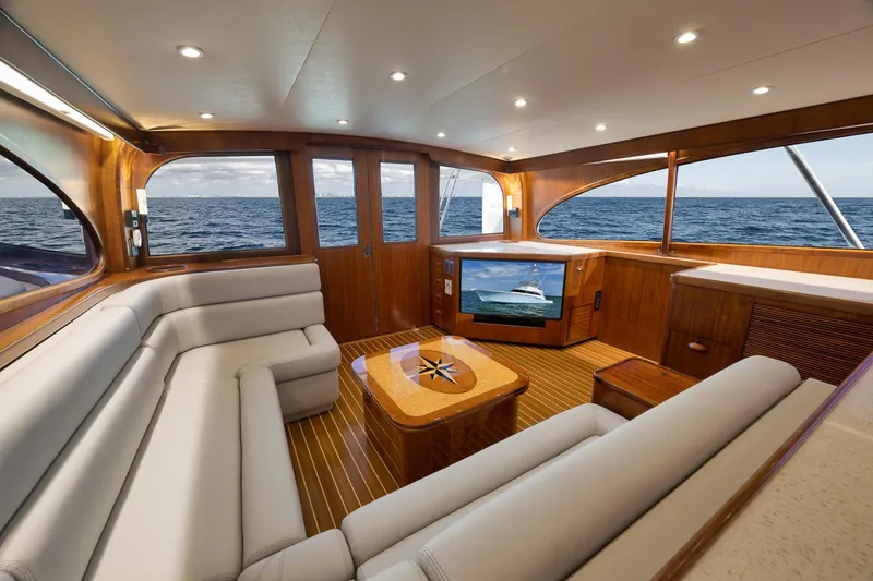 Slide: The Image of Luxurious 1997 Garlington 61 yacht interior with elegant wood finish and ocean view. - 41