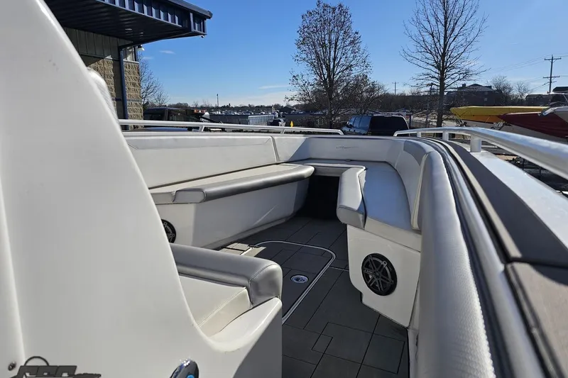 Slide: The Image of 2014 Concept 36' CC boat with blue and green design on a trailer. - 34