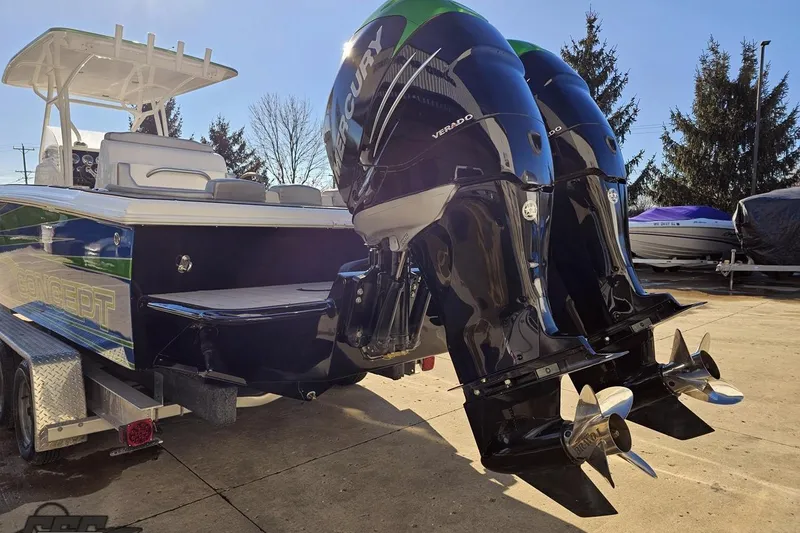 Slide: The Image of 2014 Concept 36' CC boat with dual Mercury Verado engines on a trailer. - 39