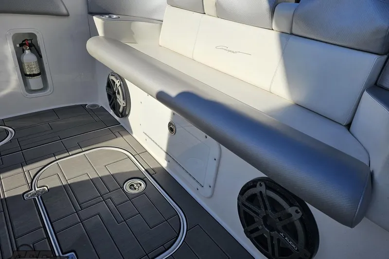 Slide: The Image of Interior of 2014 Concept 36' CC boat with seating, speakers, and fire extinguisher. - 52