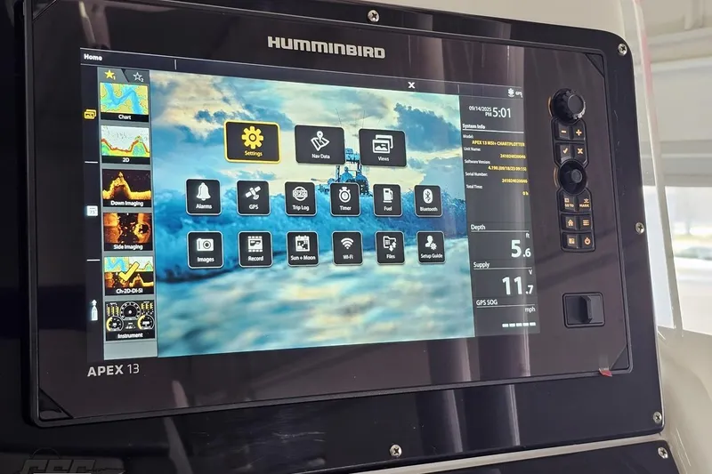 Slide: The Image of Humminbird APEX 13 marine display with navigation and imaging features on Concept 36' CC, 2014. - 63