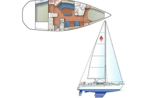 Slide: The Image of Diagram of a 2008 Catalina 350 MkII sailboat with interior layout and side view. - 35