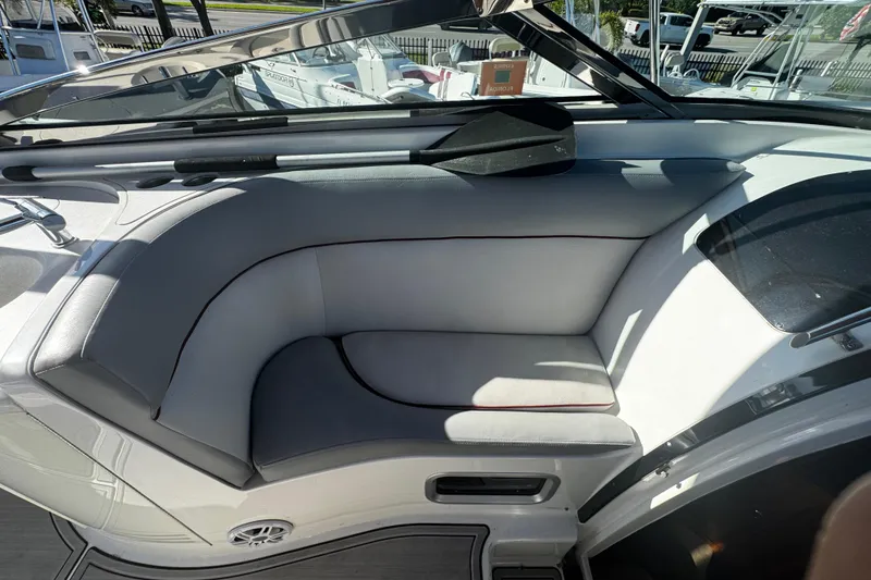 Slide: The Image of 2005 Cobolt 36 boat interior with gray seating and sleek design. - 8