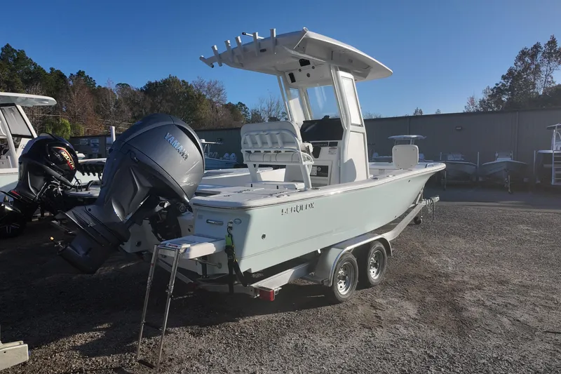 Slide: The Image of 2026 Sea Fox 231 Bay Fox boat with Yamaha outboard motor on trailer. - 5