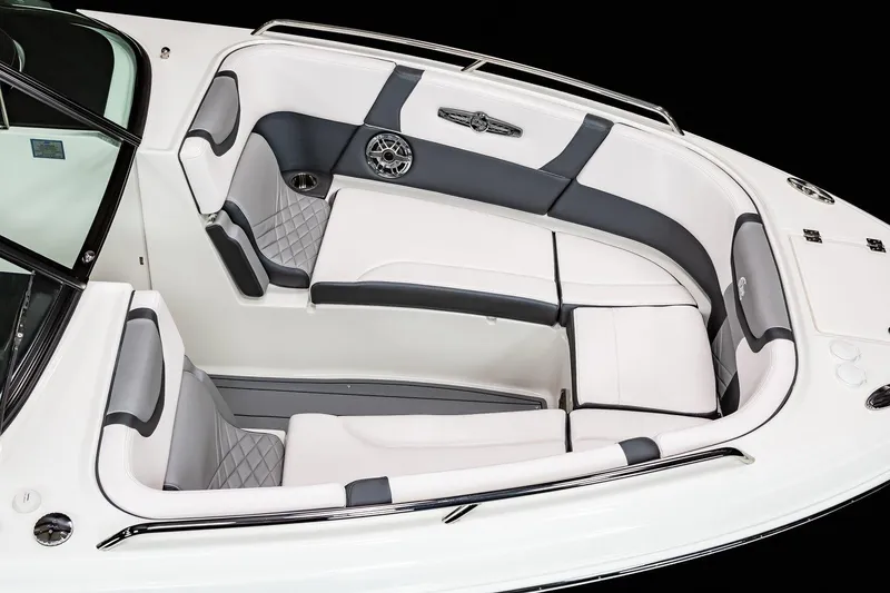 Slide: The Image of Manufacturer Provided Image: 2021 Chaparral 30 Surf boat interior with white and gray seating. - 23