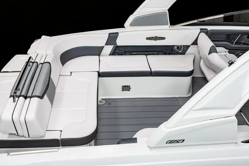 Slide: The Image of Manufacturer Provided Image: 2021 Chaparral 30 Surf boat interior with white and gray seating. - 29