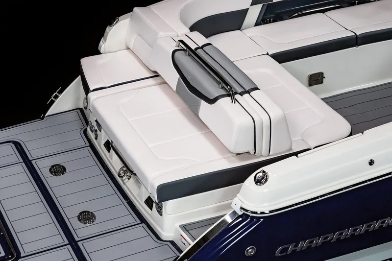 Slide: The Image of Manufacturer Provided Image: 2021 Chaparral 30 Surf boat with white and gray seating and deck. - 31
