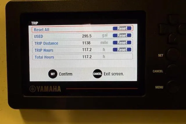 Slide: The Image of Yamaha display showing trip data: 295.5 gallons used, 1138 miles, 117.2 hours. - 15