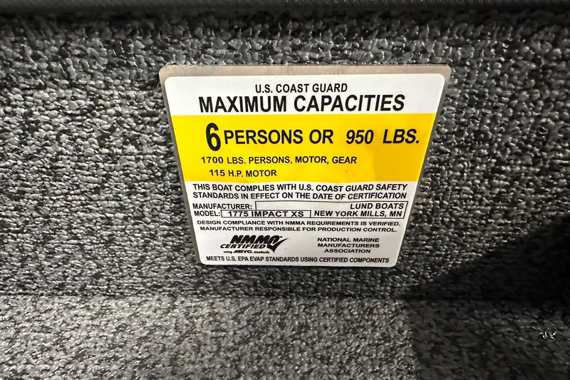 Slide: The Image of 2026 Lund 1775 Impact XS SS capacity label: 6 persons or 950 lbs, 115 HP motor. - 39