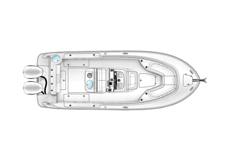 Slide: The Image of Manufacturer Provided Image: 2025 Robalo R302 Center Console boat layout, top view, featuring dual engines. - 24