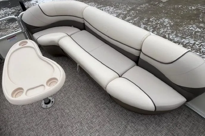 Slide: The Image of 2004 Sun Tracker Party Barge 22 Regency Edition with beige seating and table. - 8