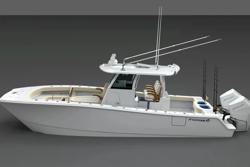 The Image of 2026 Freeman 33 boat with dual Mercury engines, sleek design, and fishing rods. - 0