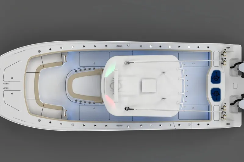 Slide: The Image of Top view of a 2026 Freeman 33 boat with spacious deck layout. - 2