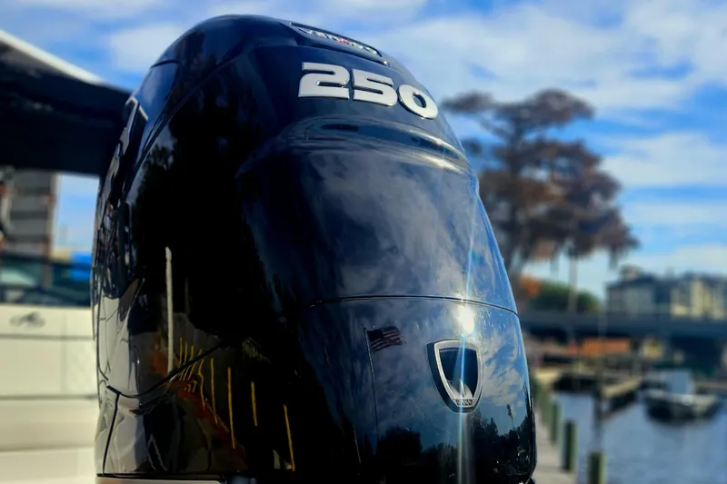 Slide: The Image of 2017 Monterey M-45 boat engine, model 250, docked by a scenic waterfront. - 2