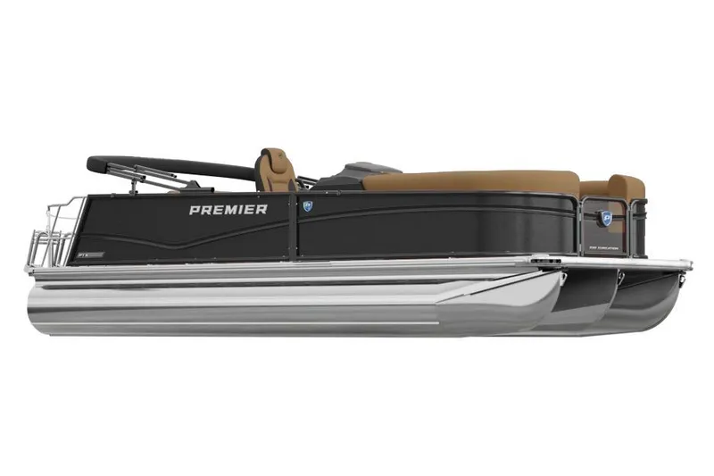 The Image of 2026 Premier 250 Intrigue pontoon boat, sleek design, black exterior, luxurious seating. - 1