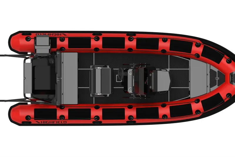 Slide: The Image of Top view of 2026 Highfield Patrol 660 inflatable boat, red and black design. - 2