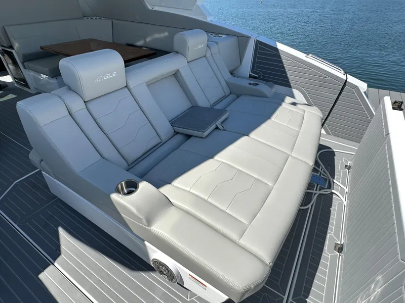Slide: The Image of 2026 Cruisers Yachts 42 GLS OB interior with sleek kitchen and modern design. - 12
