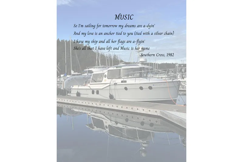 Slide: The Image of 2025 Ranger Tugs R-29 S boat docked with poetic text overlay. - 6