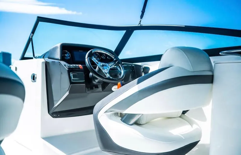 Slide: The Image of Interior of a 2020 Monterey M45 boat with sleek steering and modern design. - 3