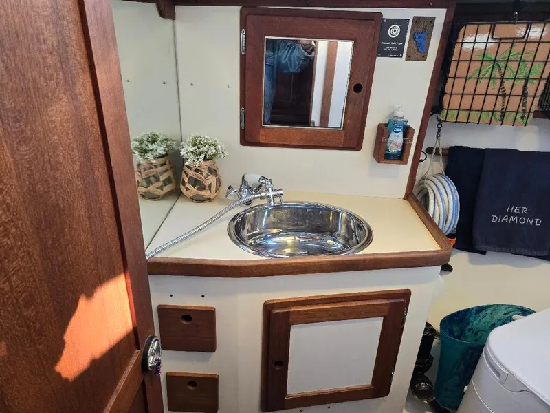 Slide: The Image of 1991 Freedom F-38 boat bathroom with sink, mirror, and decorative plants. - 18