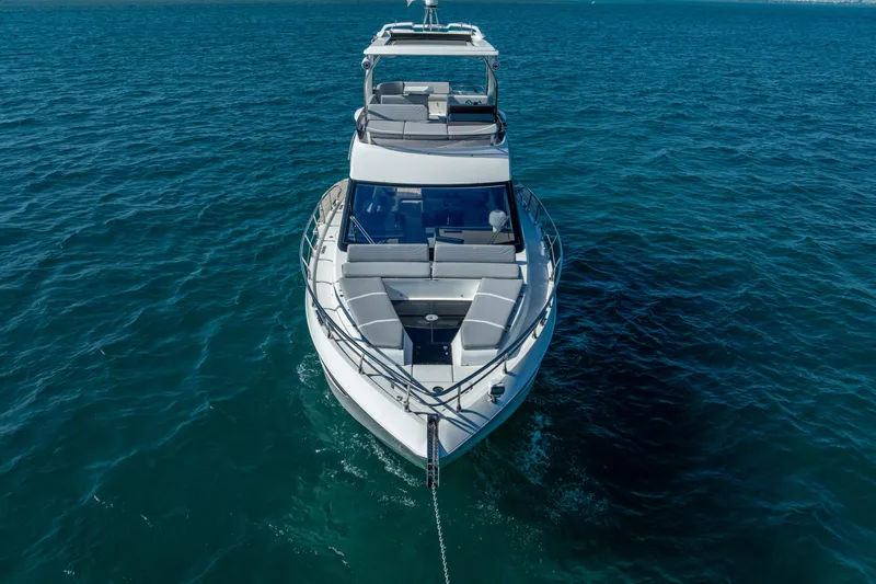 Slide: The Image of 2021 Galeon 500 Fly yacht on open sea, front view. - 6