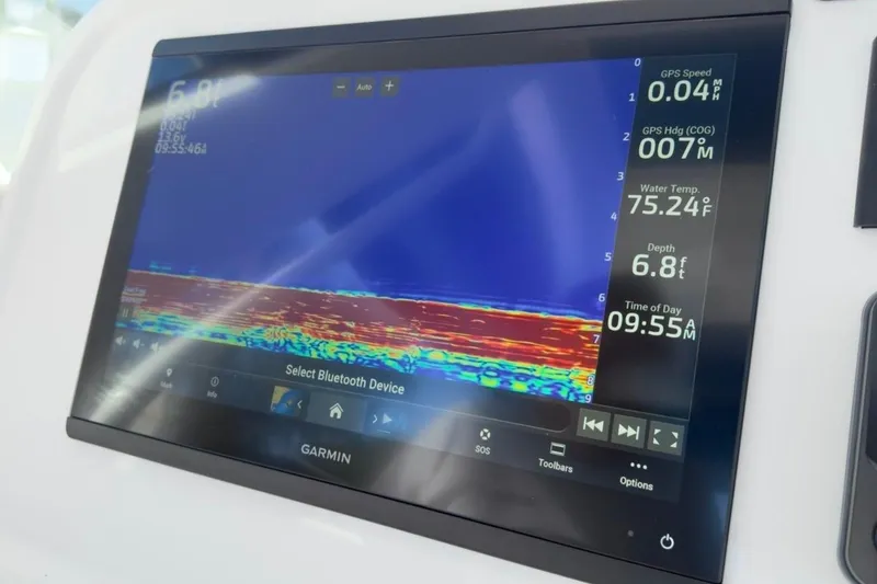 Slide: The Image of Garmin marine display on 2022 Intrepid 407 Panacea showing sonar and navigation data. - 105