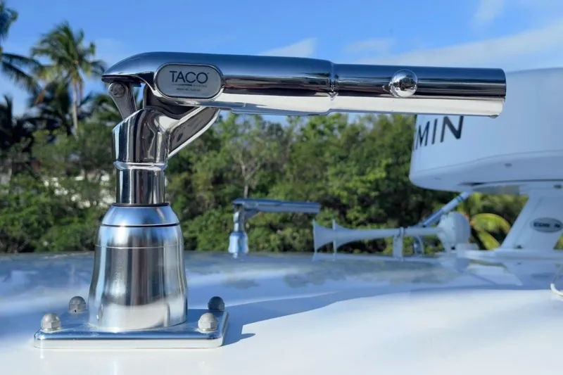 Slide: The Image of Stainless steel boat accessory on 2022 Intrepid 407 Panacea, with tropical background. - 113