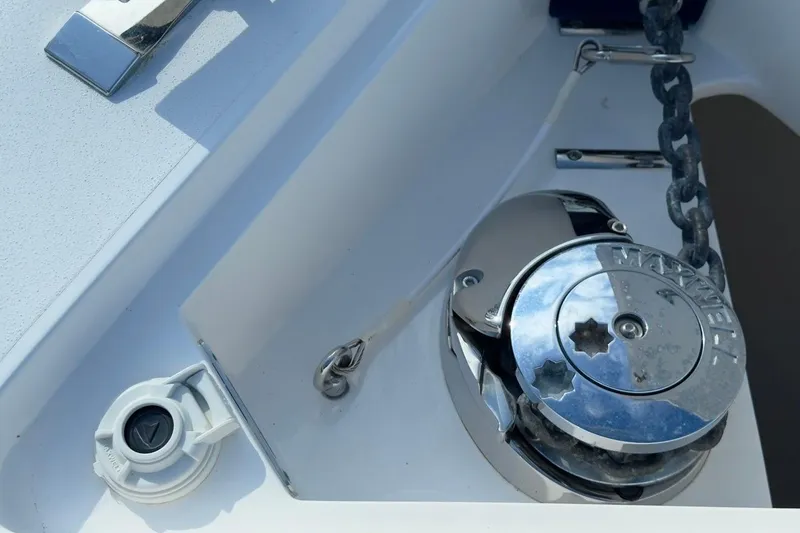 Slide: The Image of Anchor winch on 2022 Intrepid 407 Panacea boat deck. - 147