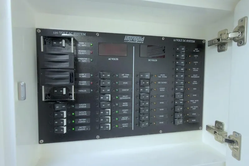 Slide: The Image of Electrical panel of 2022 Intrepid 407 Panacea boat, showcasing AC and DC systems. - 46