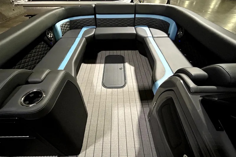 Slide: The Image of Luxurious interior of 2026 Godfrey Monaco 255 SFL pontoon boat with sleek seating design. - 5