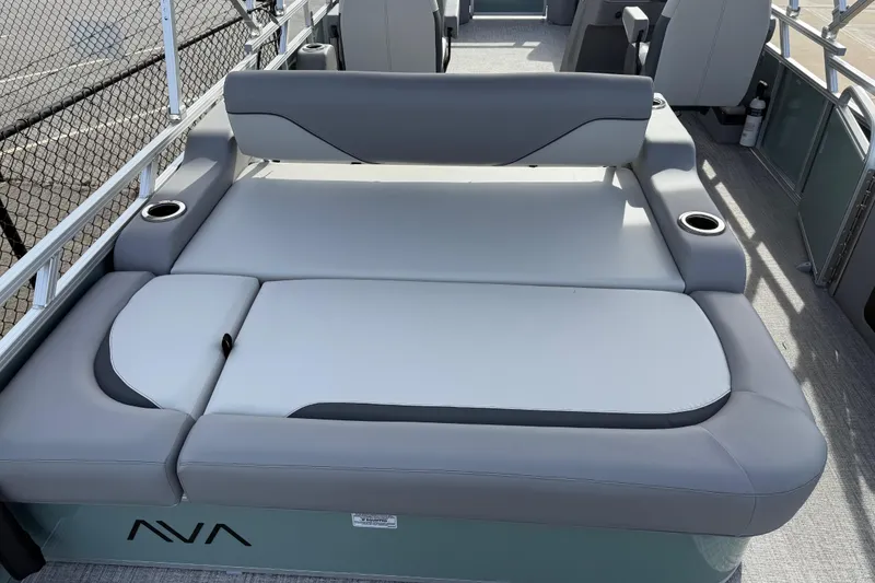 Slide: The Image of 2026 Avalon Venture 85 Versatile rear bench with gray upholstery and cup holders. - 30