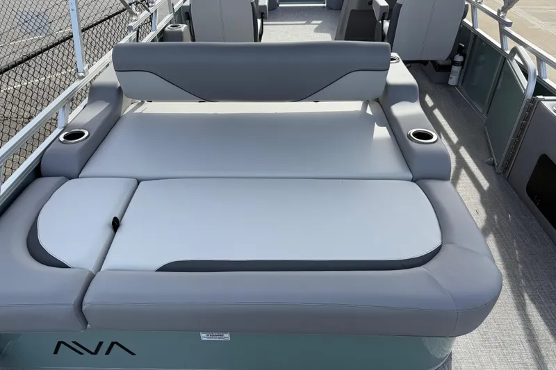 Slide: The Image of 2026 Avalon Venture 85 Versatile rear bench with gray upholstery and cup holders. - 32