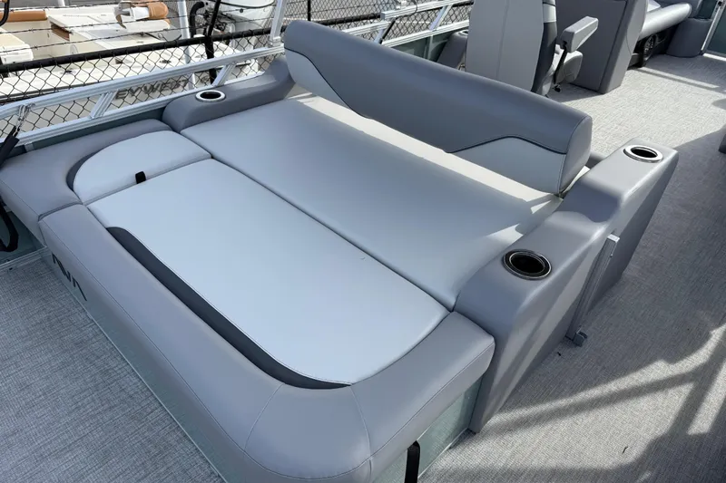 Slide: The Image of 2026 Avalon Venture 85 Versatile rear bench with gray upholstery and integrated cup holders. - 36