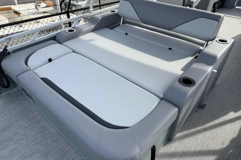 Slide: The Image of 2026 Avalon Venture 85 Versatile rear bench with gray upholstery and integrated cup holders. - 37