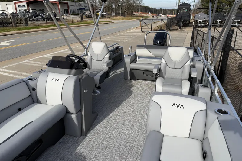 Slide: The Image of 2026 Avalon Venture 85 Versatile rear Bench pontoon boat with luxurious seating and modern design. - 8