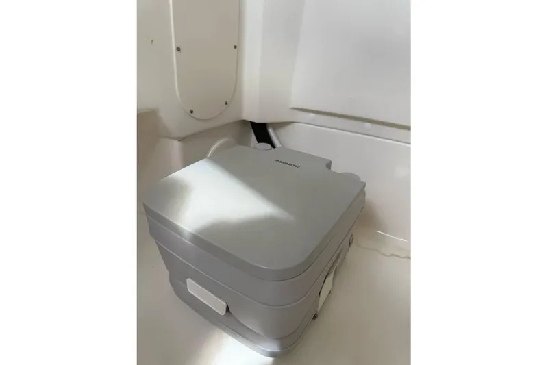 Slide: The Image of 2024 Boston Whaler 250 Dauntless boat engine detail with hydraulic components. - 9