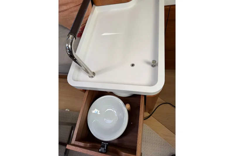 Slide: The Image of Amel 50 yacht interior sink with storage drawer, 2020 model. - 25