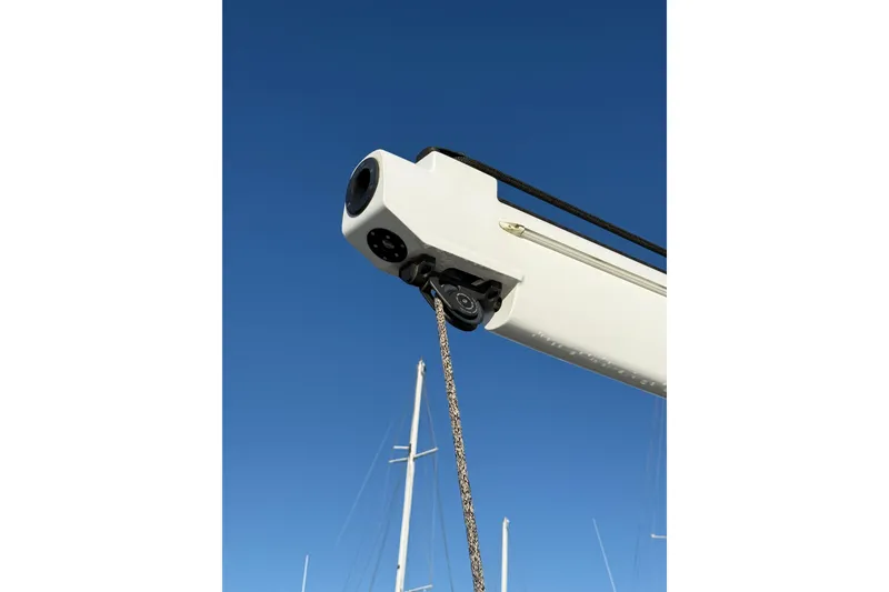 Slide: The Image of Close-up of Amel 50 sailboat boom with clear blue sky, 2020 model. - 65